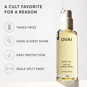 OUAI hair oil texture on hand showing lightweight, non-greasy finish