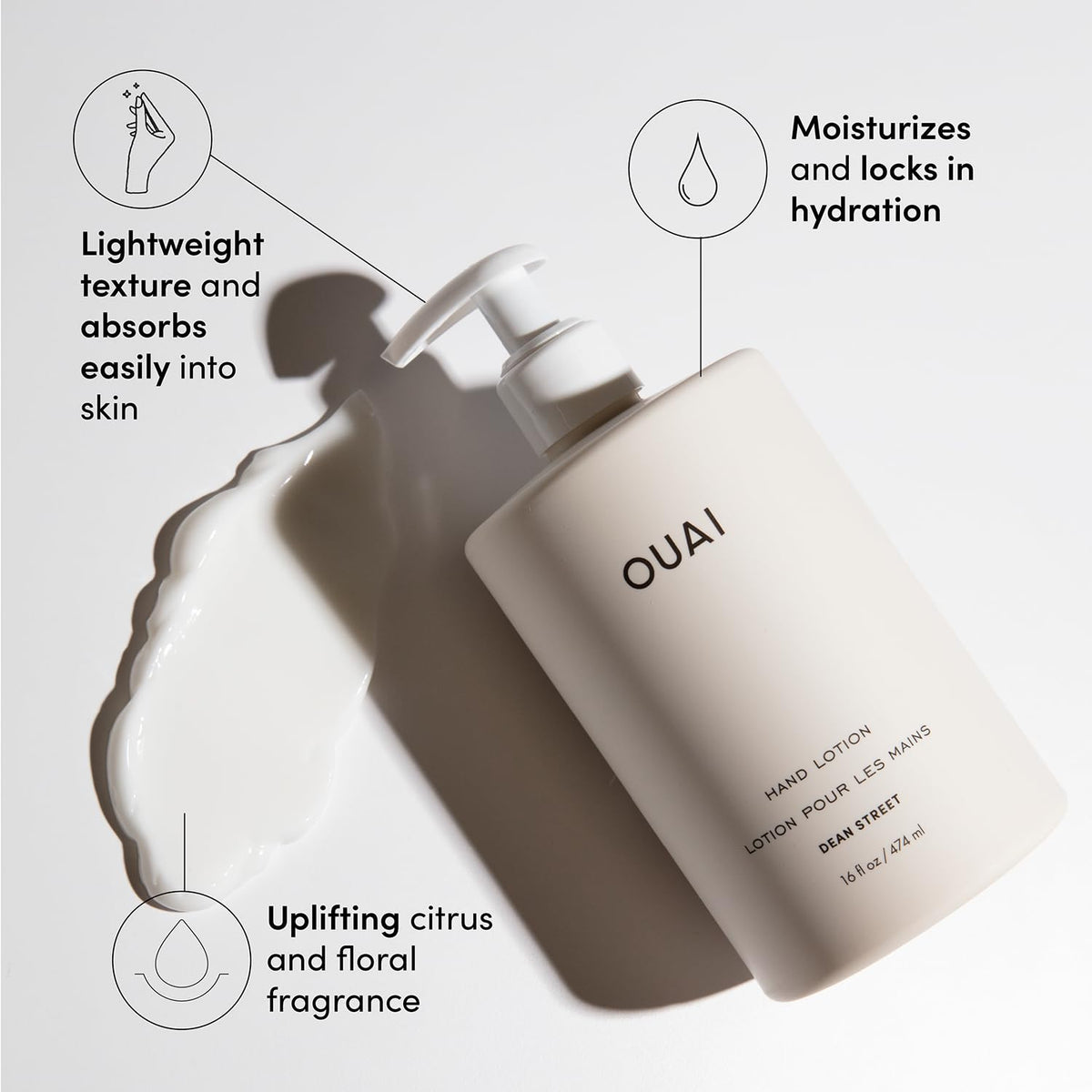 OUAI pump detail focused on dispenser for controlled, mess-free use
