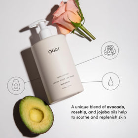 OUAI lotion texture close-up demonstrating lightweight, non-greasy finish