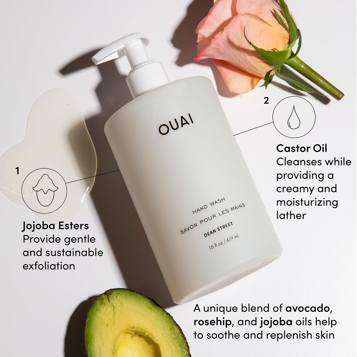 OUAI creamy lather on hands close-up benefit: gentle cleansing and hydration