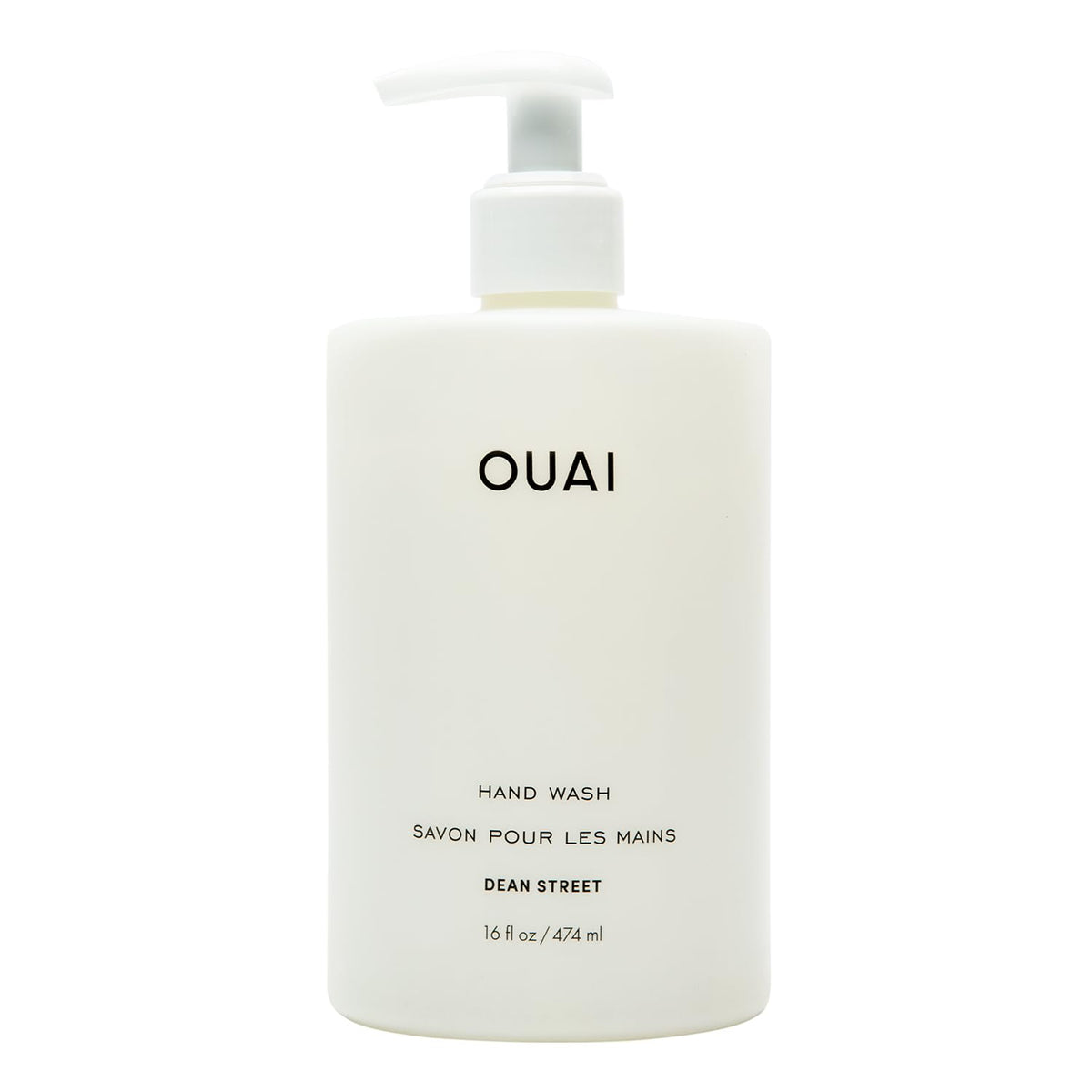 OUAI front bottle displaying Dean Street label and elegant design benefit: stylish countertop