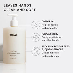 OUAI hand wash with avocado and rosehip oils highlighting nourishing ingredients benefit: moisturization