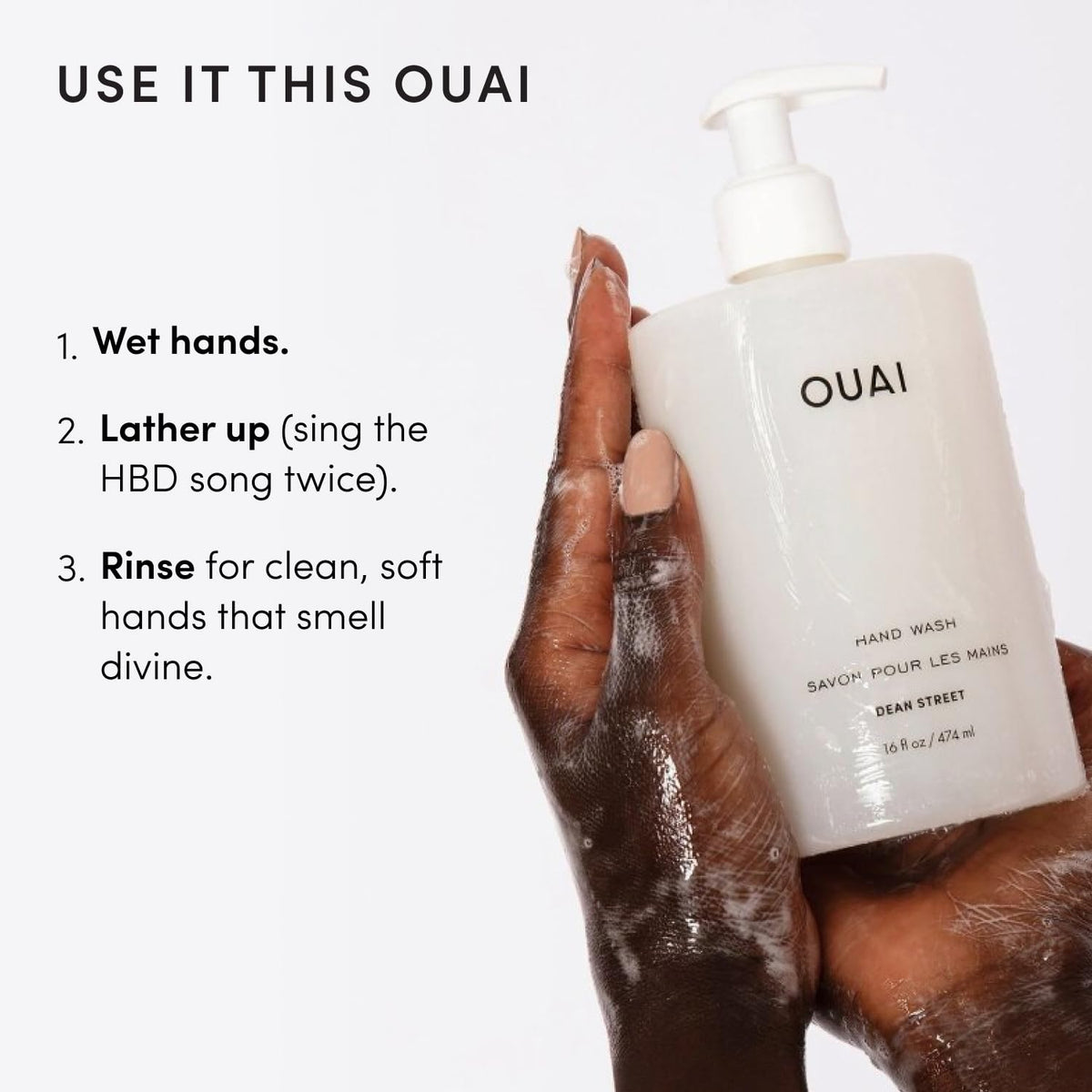 OUAI hand wash used at sink with foam on hands showing in-use benefit: effective cleansing