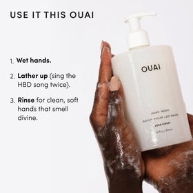 OUAI hand wash used at sink with foam on hands showing in-use benefit: effective cleansing