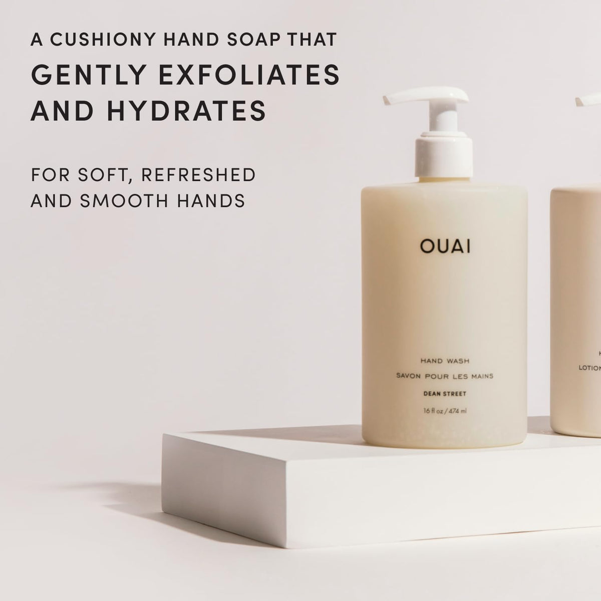 OUAI pump close-up showing dispenser and easy-use mechanism benefit: mess-free application