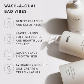 OUAI creamy lather texture on hand demonstrating gentle cleanse benefit: soft, hydrated skin