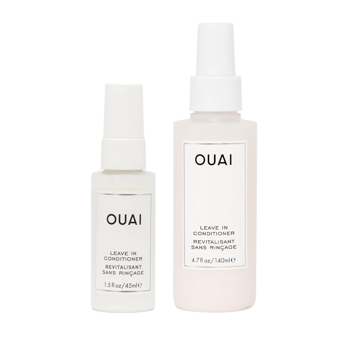 OUAI front packaging showing full-size and travel conditioner duo benefits