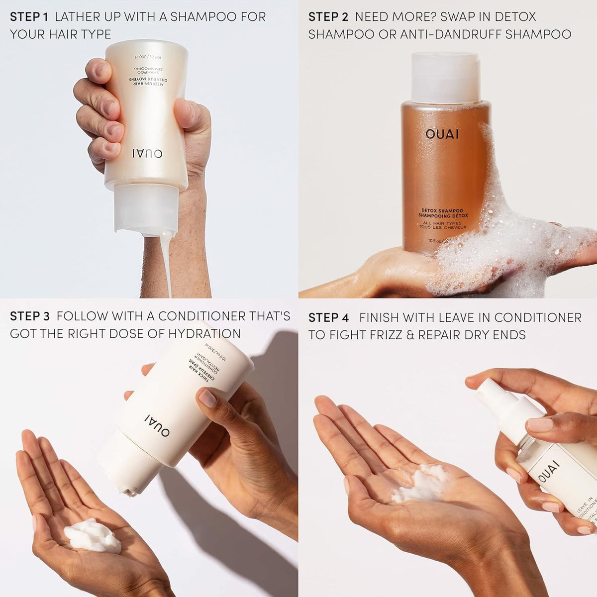 OUAI before-and-after styling image showing reduced frizz and smoothness