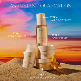 OUAI lifestyle bathroom display showing a neat travel-ready routine