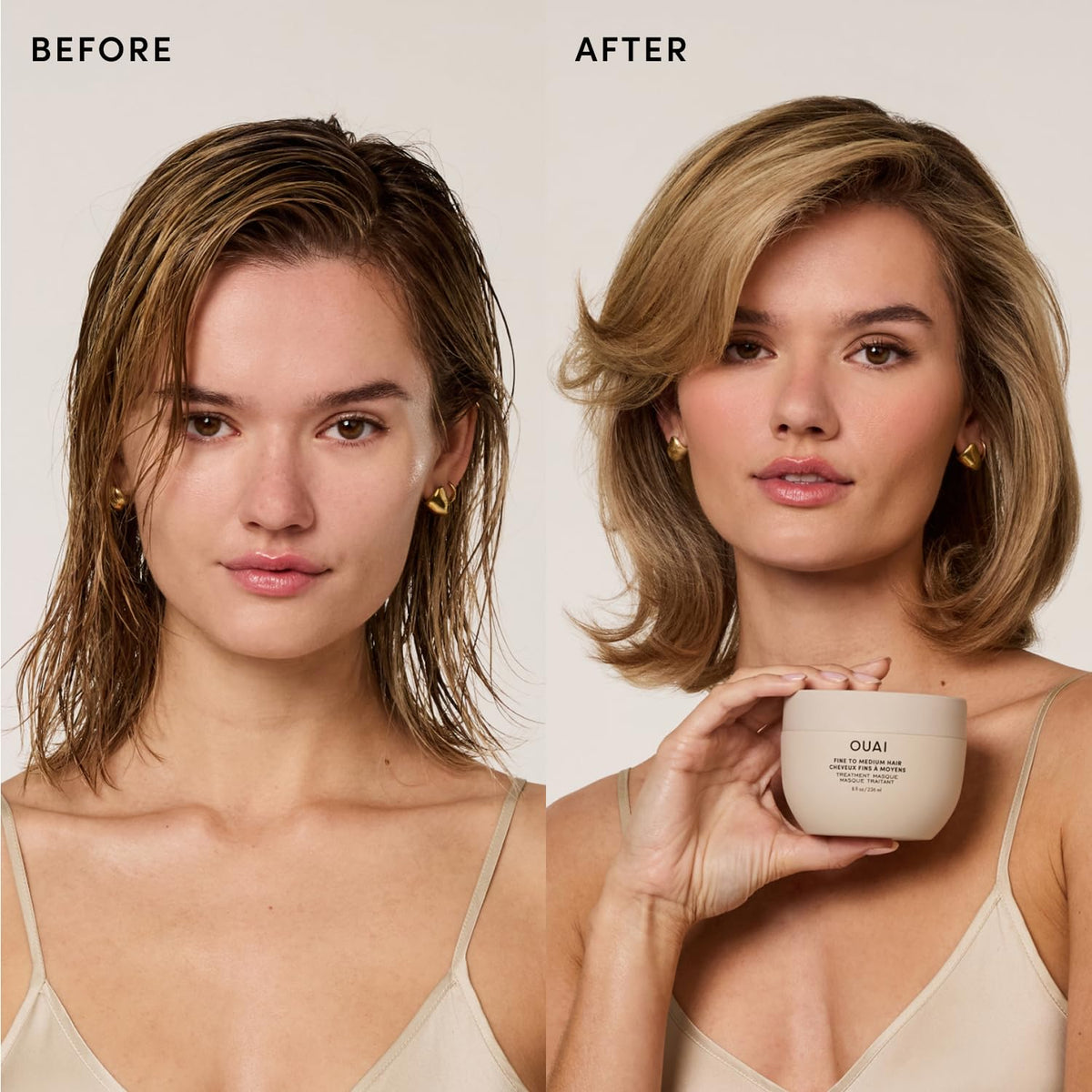 OUAI before and after hair photo illustrating reduced frizz and improved shine