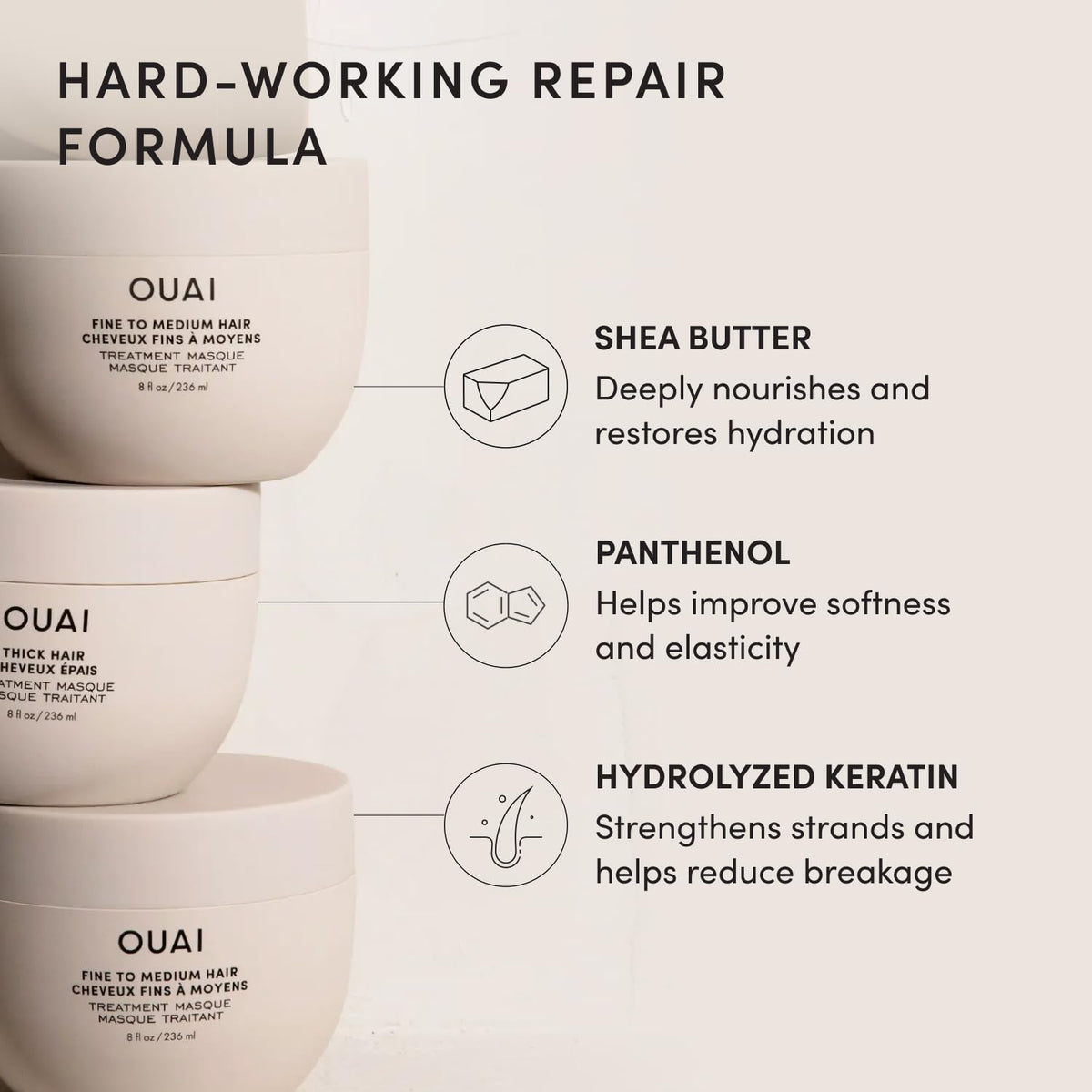 OUAI ingredients display with shea butter showing nourishing and smoothing benefits
