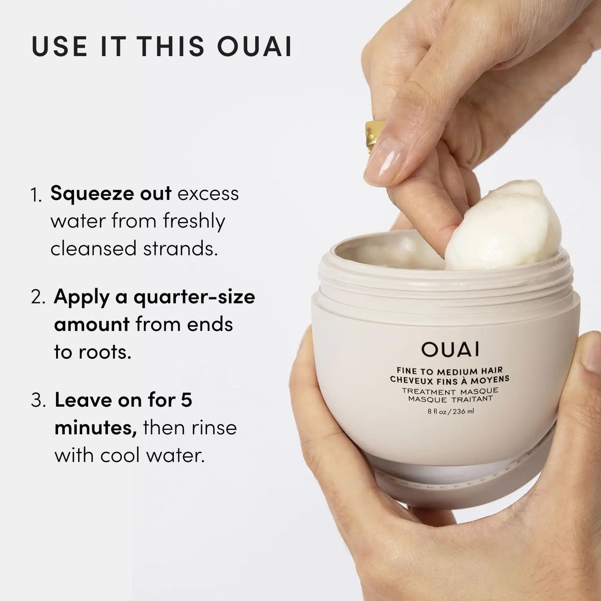 OUAI label close-up showing ingredient list and clean-formula reassurance