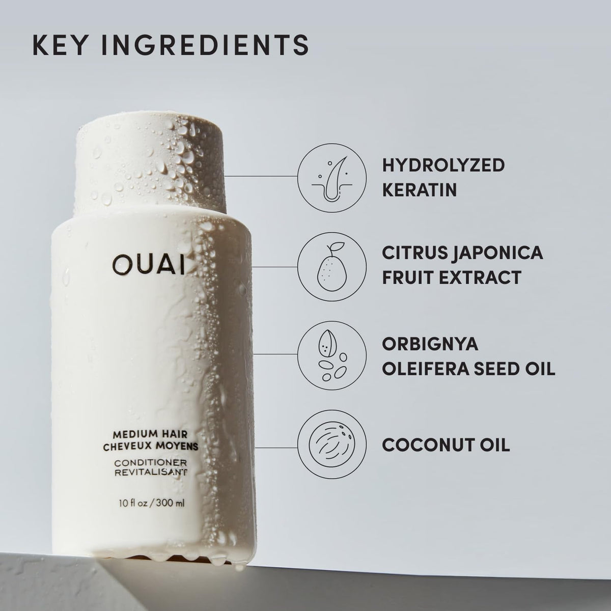 OUAI conditioner used in shower on wet hair, helps detangling and manageability