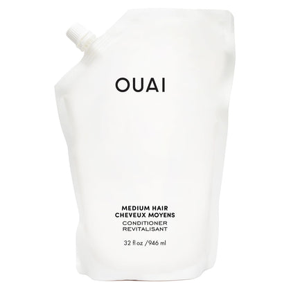 OUAI refill pouch front view showing branding and size, eco-friendly benefit