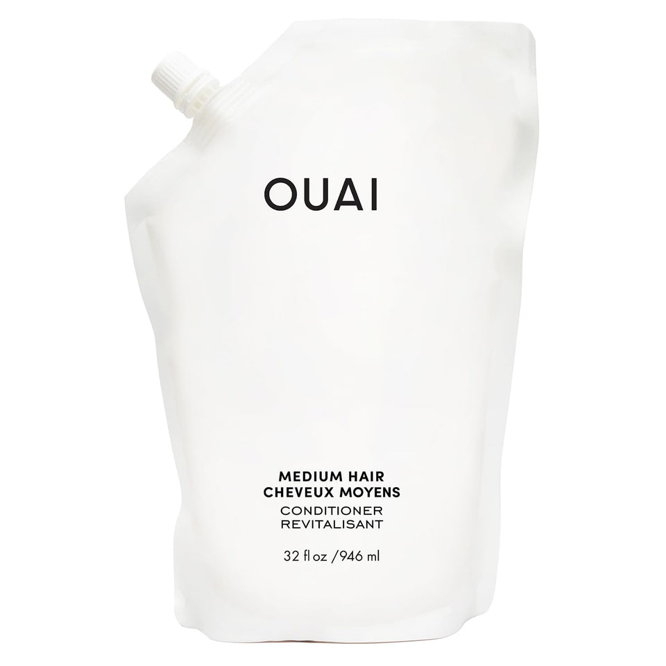 OUAI refill pouch front view showing branding and size, eco-friendly benefit