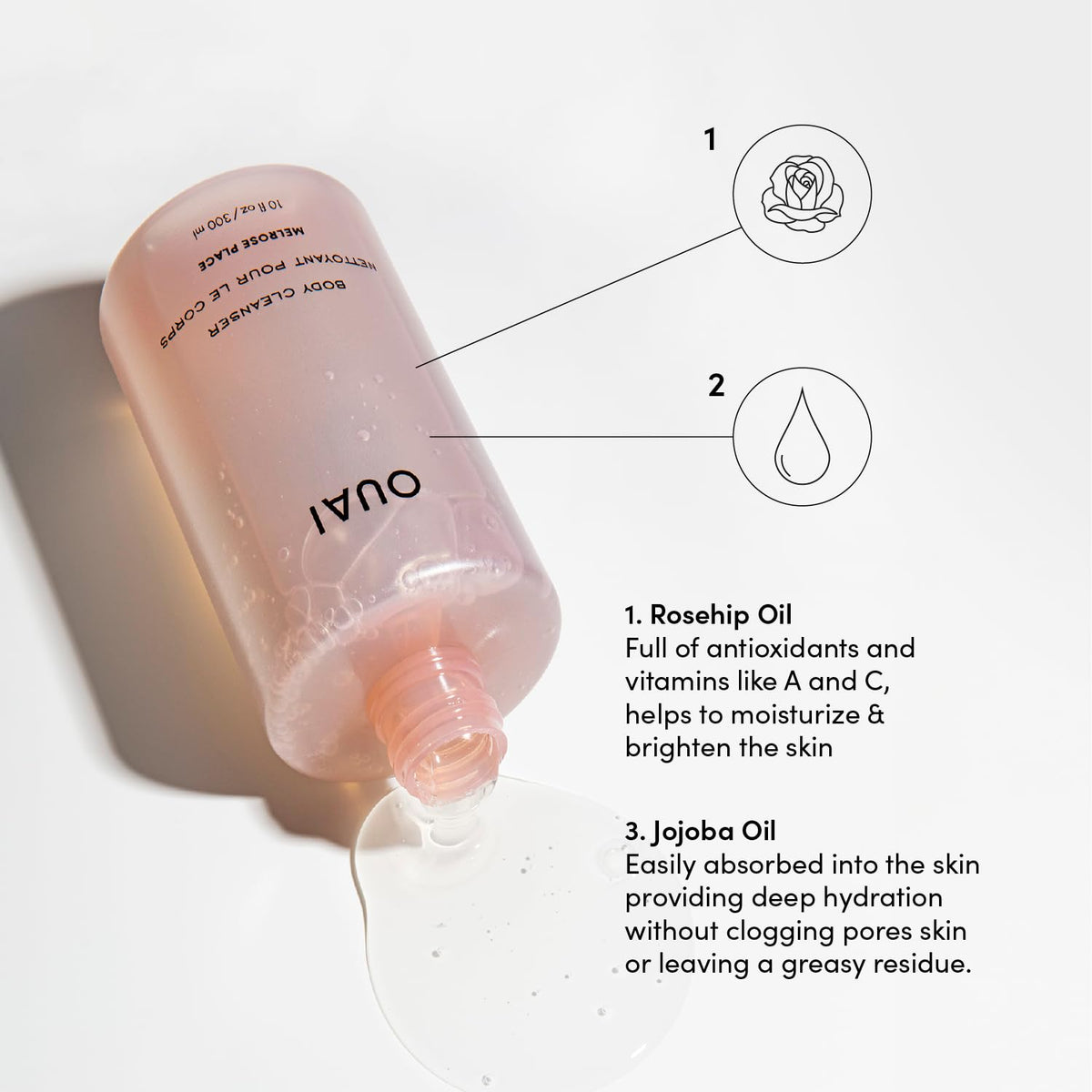 OUAI foamy cleanser texture on hand demonstrating rich lather and lightweight hydration