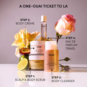 OUAI Melrose Place in-shower lifestyle shot showing aromatic, uplifting shower
