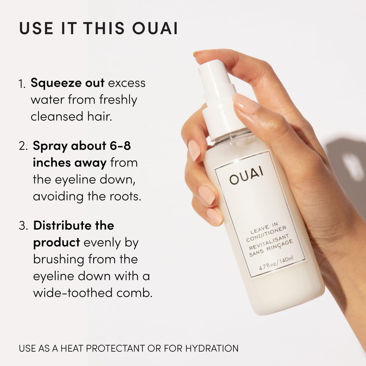 OUAI bottle next to a ruler showing compact 4.7 oz size for travel