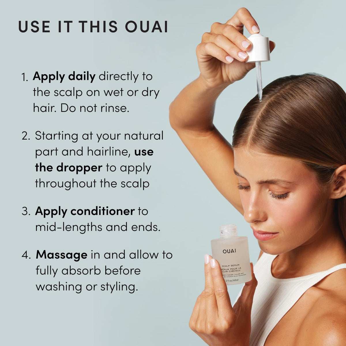 OUAI bottle in hand for size comparison showing travel-friendly benefit