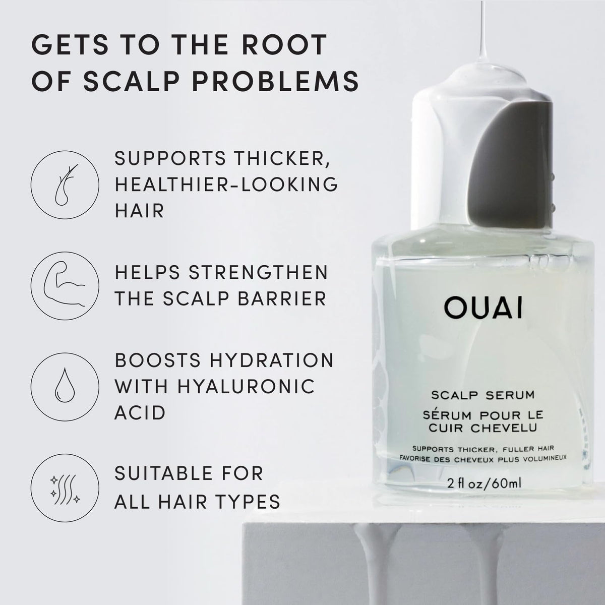 OUAI serum texture close-up highlighting lightweight non-greasy finish benefit