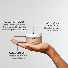 OUAI close-up sugar granules highlighting gentle exfoliation benefits