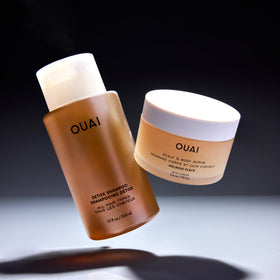 OUAI shampoo being poured illustrating lightweight lather that removes buildup without weighing hair down