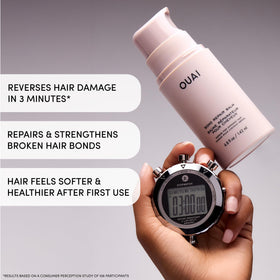 OUAI products next to a hand showing full-size scale and convenience