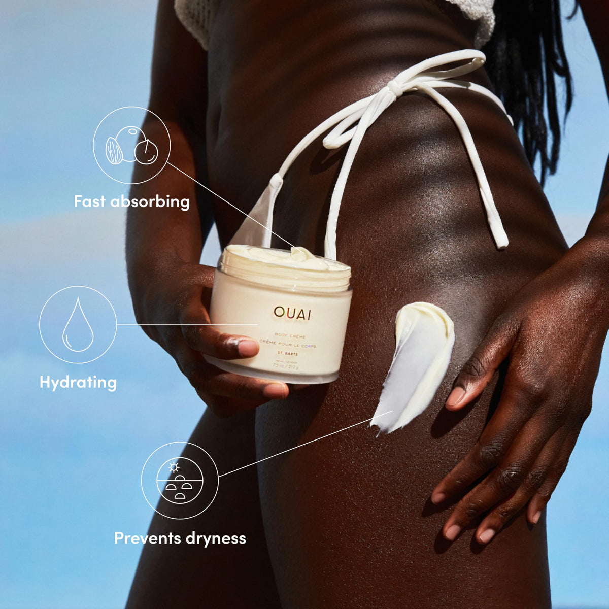 OUAI whipped body cream close-up displaying creamy texture and fast absorption