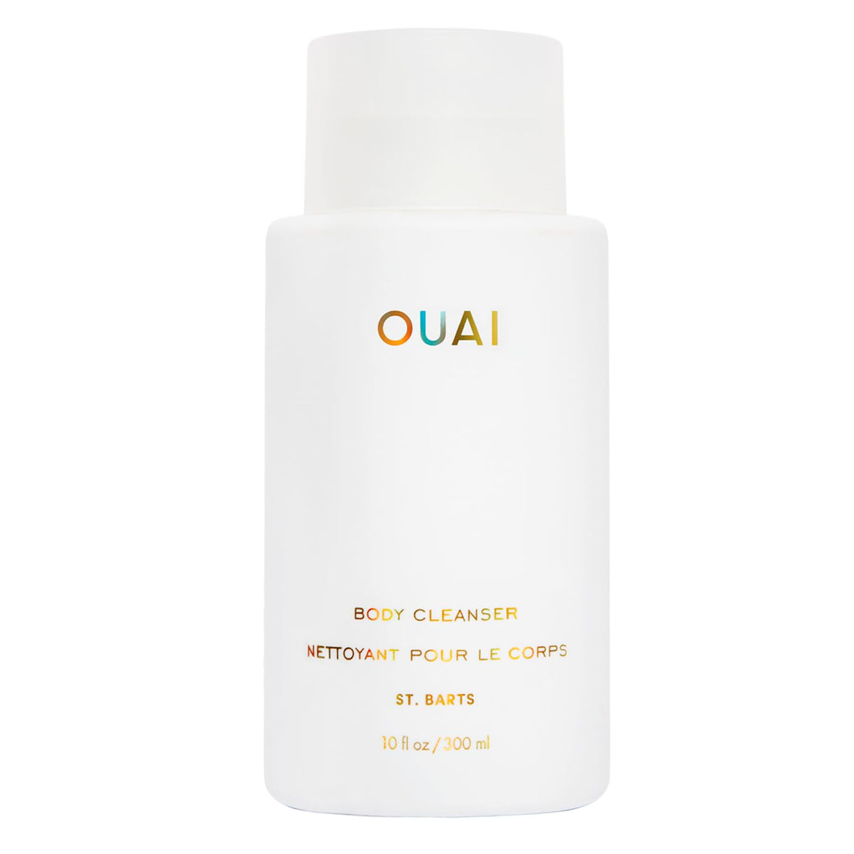 OUAI bottle front view showing St. Barts label and sleek design, highlights luxury
