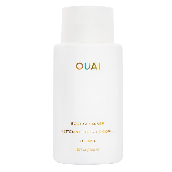 OUAI bottle front view showing St. Barts label and sleek design, highlights luxury
