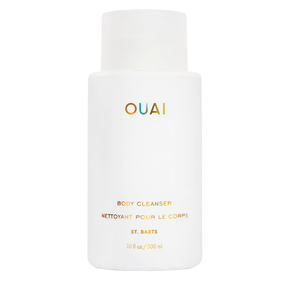 OUAI bottle front view showing St. Barts label and sleek design, highlights luxury