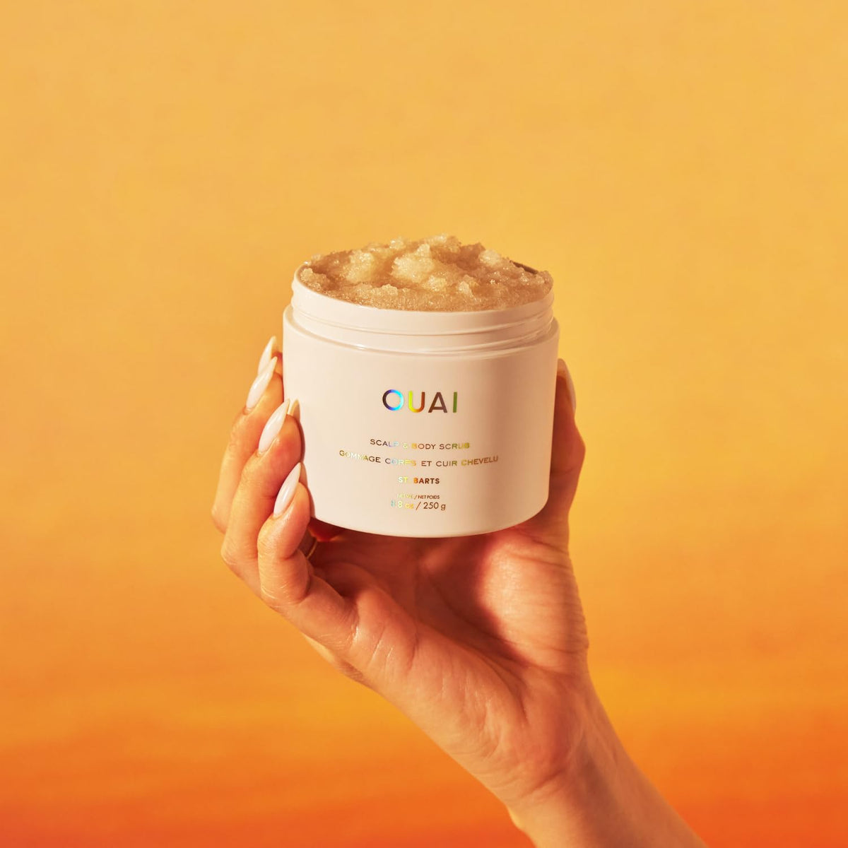 OUAI St. Barts lifestyle bathroom still conveying a calming shower routine and scent
