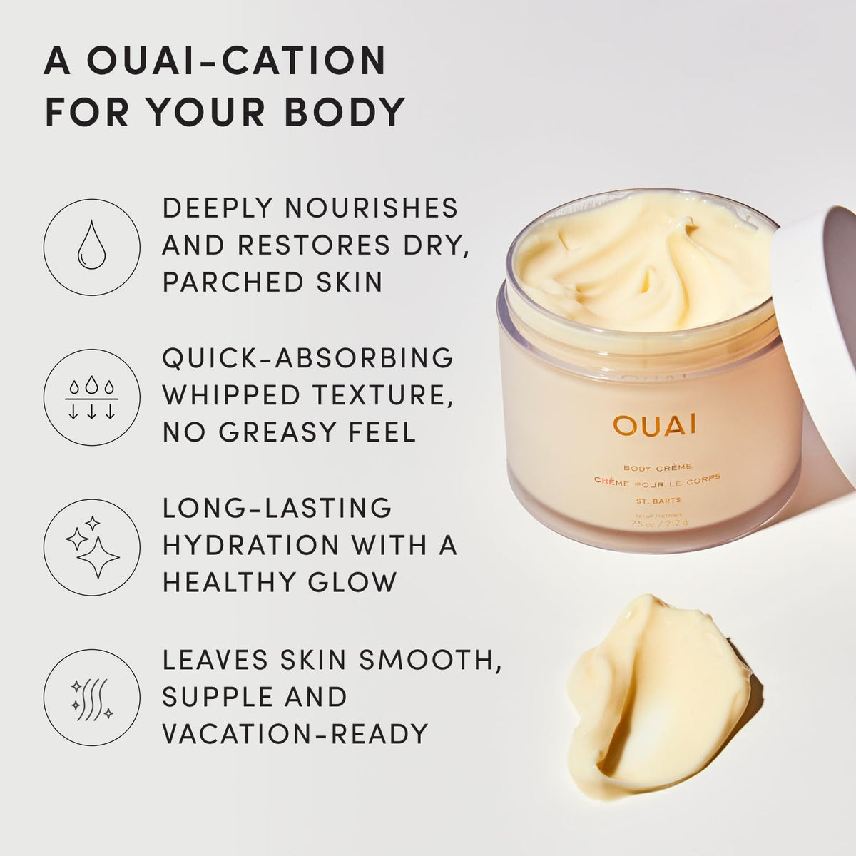 OUAI open jar top view revealing creamy interior and nourishing formula benefit