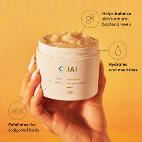 OUAI St. Barts scrub texture close-up showing sugar crystals and creamy coconut oil balance