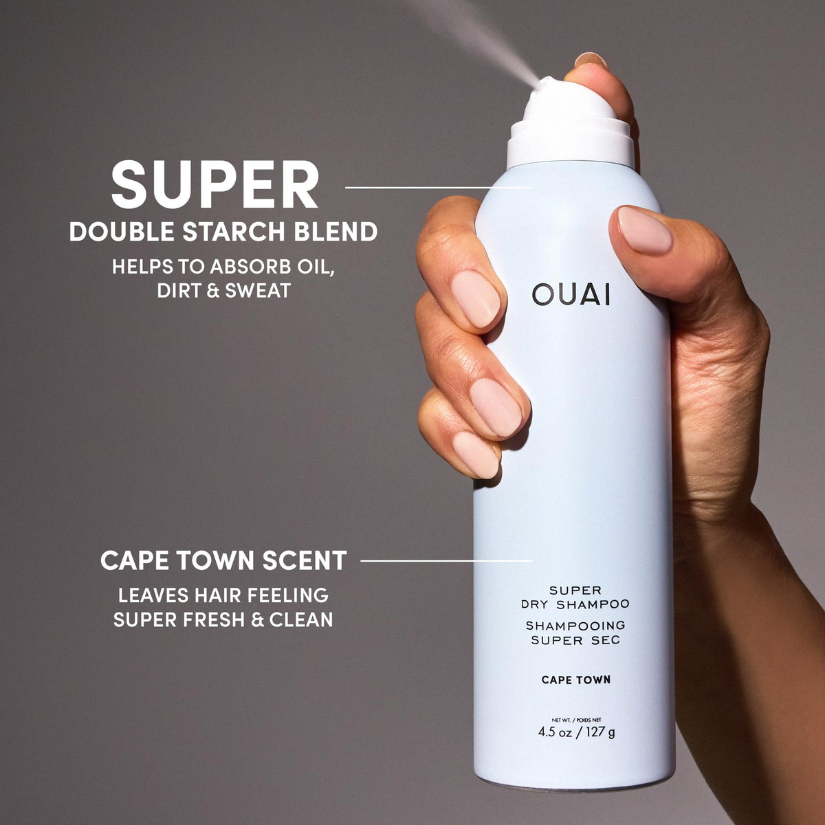 OUAI on bathroom vanity suggesting daily styling ease