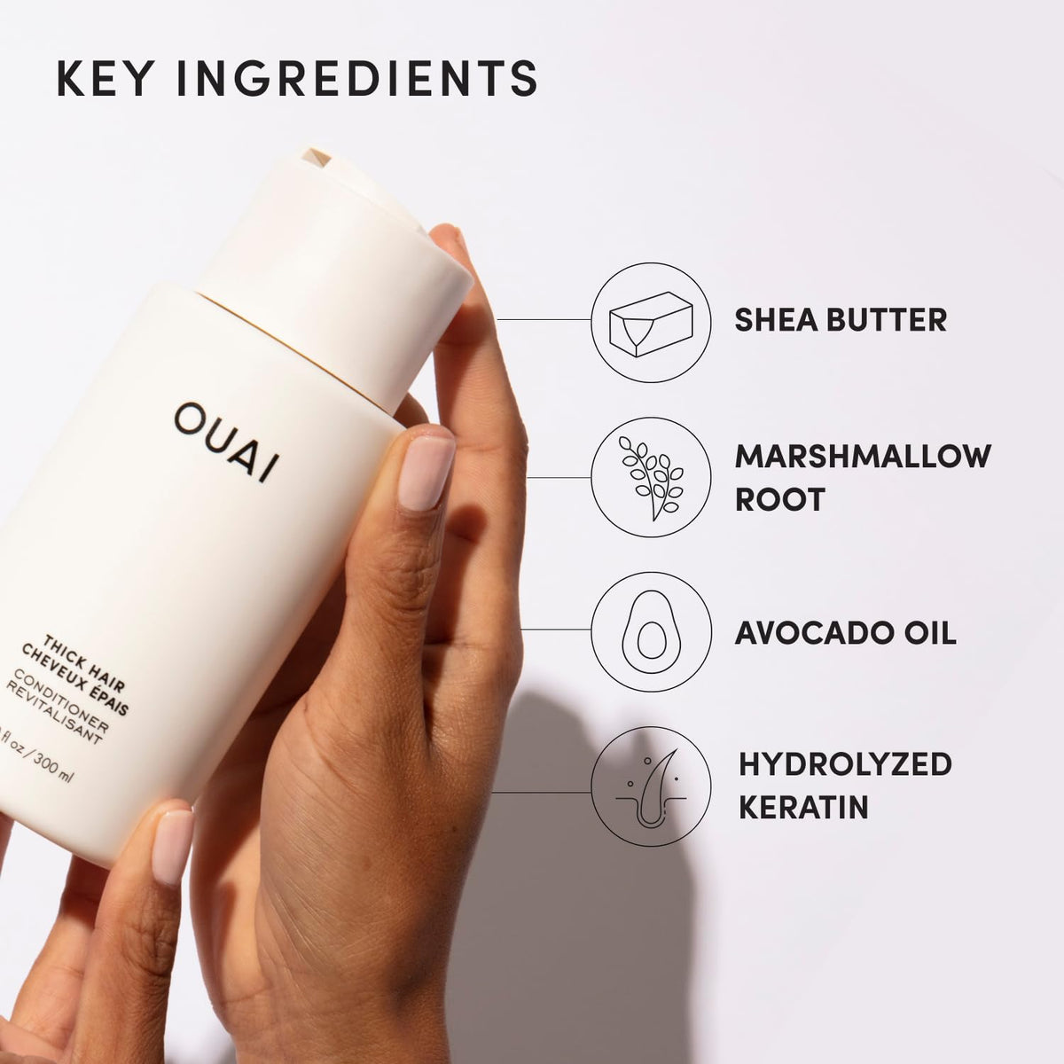 OUAI conditioner applied in shower on wet thick hair for smoother detangling