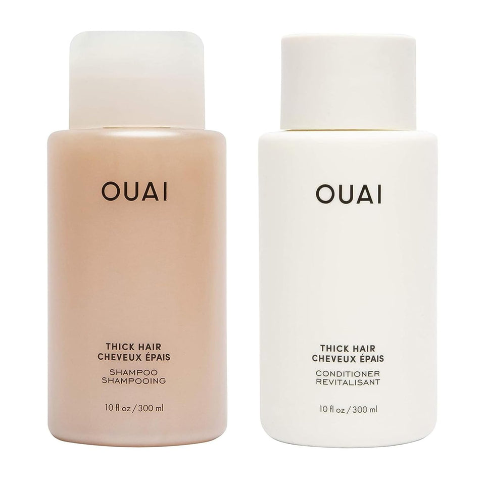 OUAI front packaging of shampoo and conditioner showing set benefit of hydration