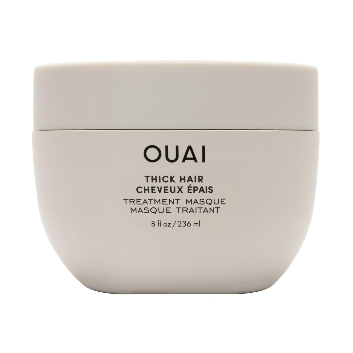 OUAI thick hair mask jar front view showing packaging and easy application benefit