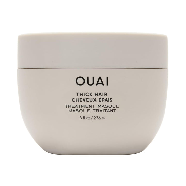 OUAI thick hair mask jar front view showing packaging and easy application benefit