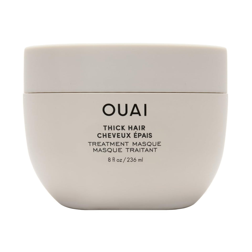 OUAI thick hair mask jar front view showing packaging and easy application benefit