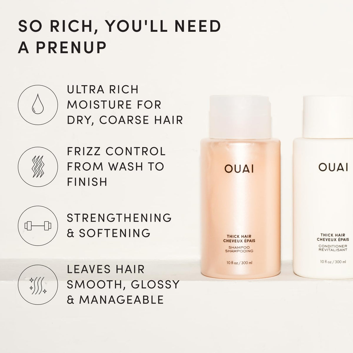 OUAI pump dispensing shampoo illustrating easy, controlled application benefit