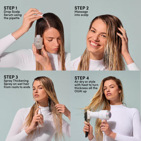 OUAI bottle staged with brush and towel demonstrating styling routine benefit