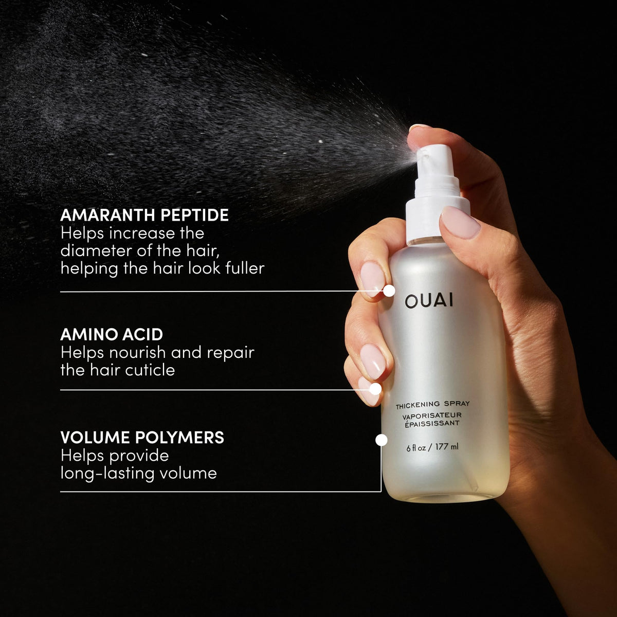 OUAI before-and-after hair photo illustrating fuller-looking volume benefit