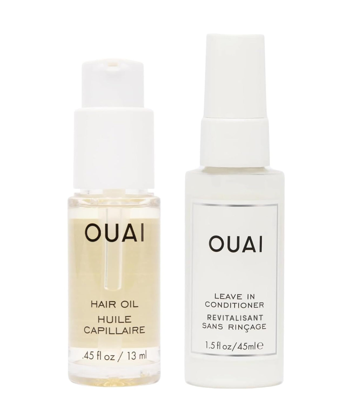 OUAI travel duo front packaging showing leave in spray and hair oil, convenient carry-on kit