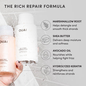 OUAI travel-size arrangement in a toiletry bag highlighting airport-friendly convenience