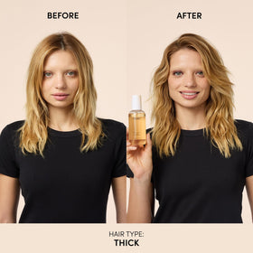 OUAI wave spray in-use creating undone waves and added body on dry hair