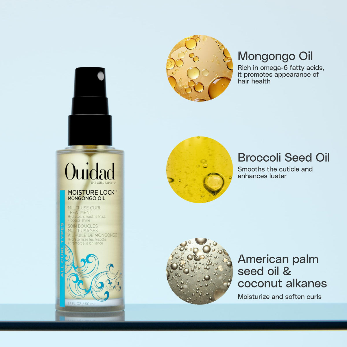 Ouidad bottle pouring a drop of oil to show dispensing and fast-absorbing texture benefit