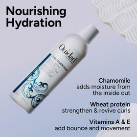 Ouidad bottle beside chamomile and vitamins A and E ingredients for nourishment