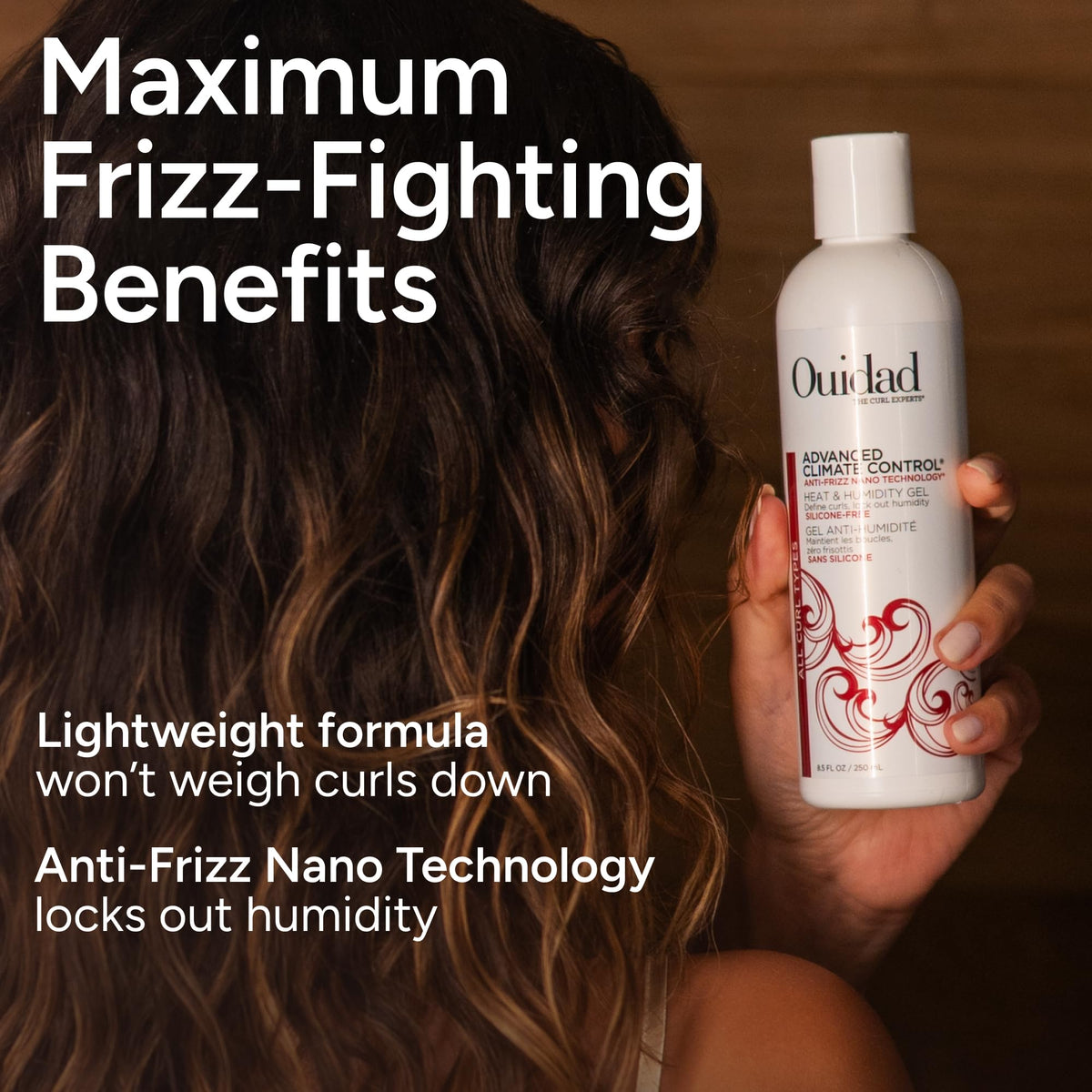 Diffused curls styled with Ouidad showing defined, frizz-reduced results