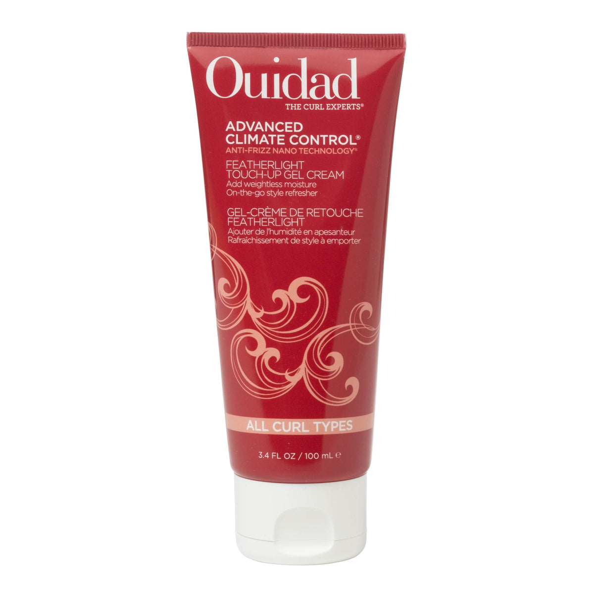 Ouidad front packaging showing featherlight gel cream for quick frizz control